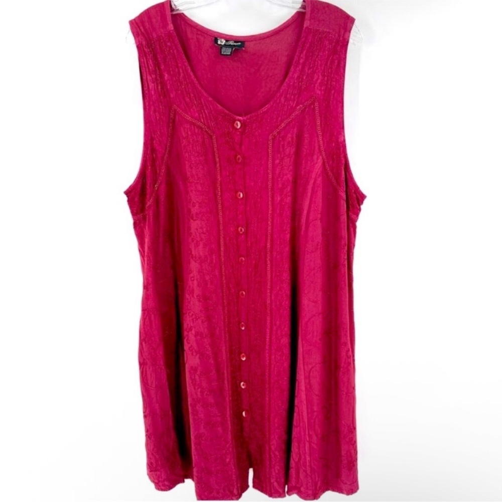 Flower Red Scoop Neck Embroidered Button Front Mini Tank Dress/Tunic